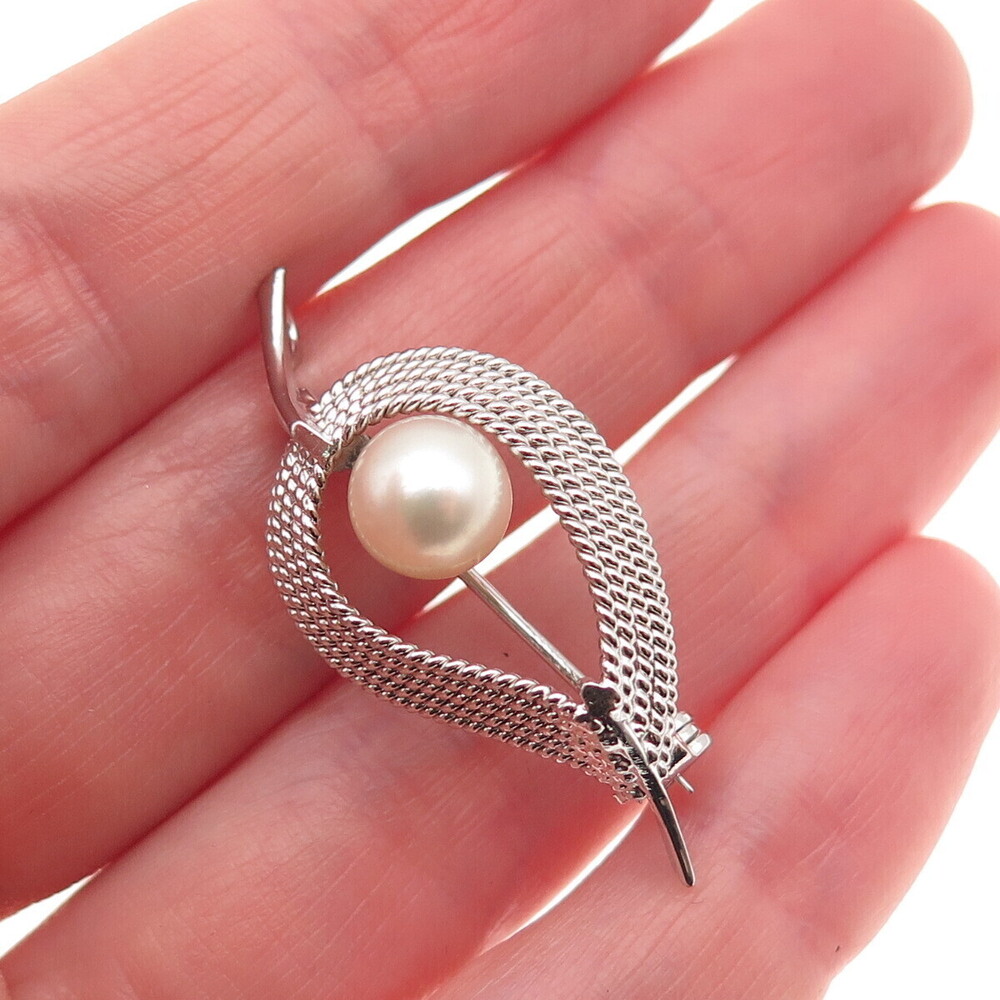 925 Sterling Silver Antique Art Deco Real Pearl Floral Pin Brooch